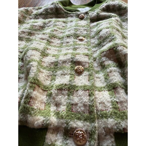 Green Plaid Boucle Bomber Jacket StreetStyle Casual School Fall Winter Spring - Picture 8 of 14